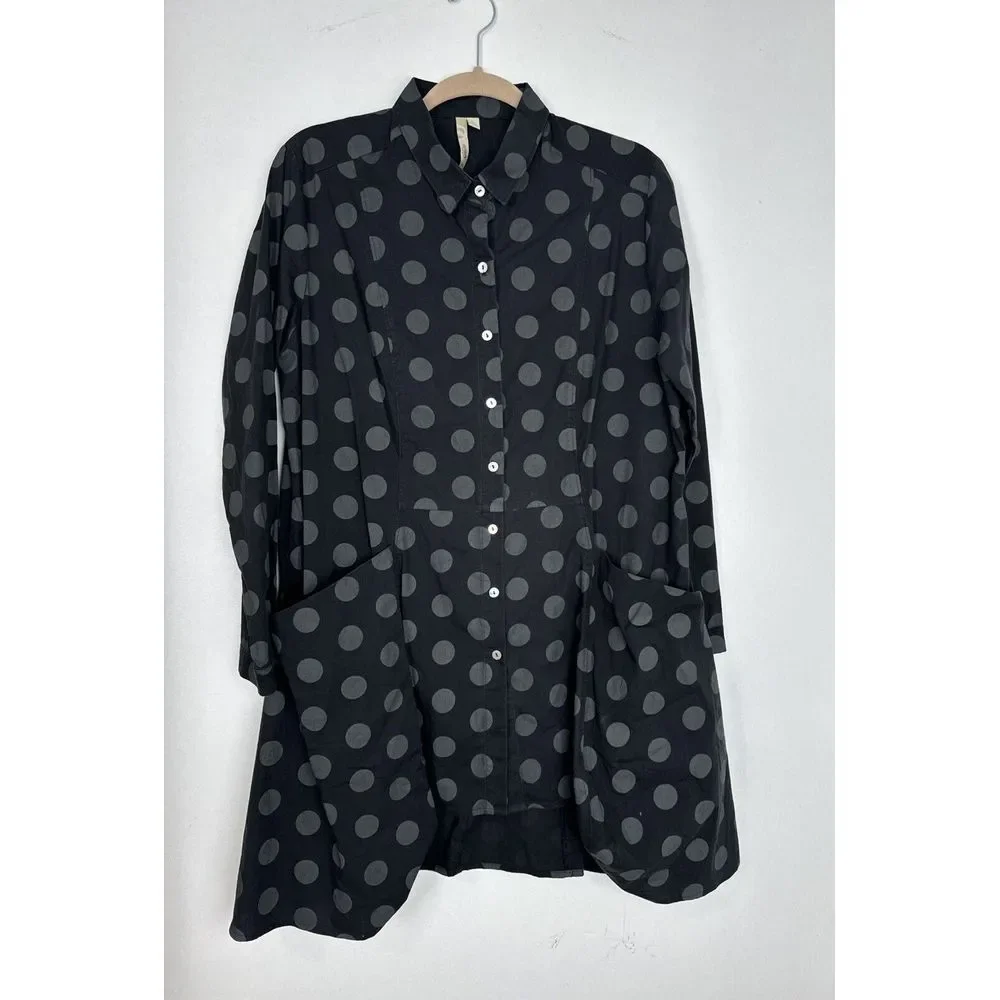 NWOT — Comfy USA Tunic Women's Large Black Gray Polka-Dot Button Up High Low - Picture 2 of 7
